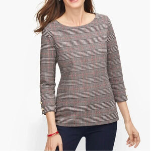 NWOT Talbots Petite Pearl Button Cuff 3/4 Sleeve Plaid Top P (0-2 Petite)